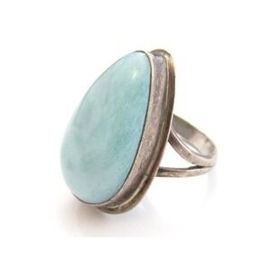 Huge Aqua Blue Art Glass Chalcedony Tear Drop Sterling Silver Ring Size 6